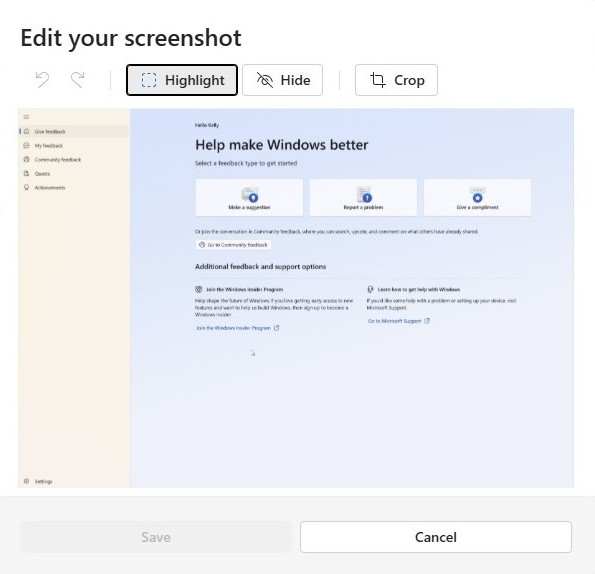 Редактирование скриншота в Центре отзывов
